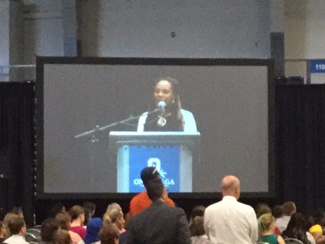 Civil rights activist Bree Newsome speaking at the community college in Syracuse.
