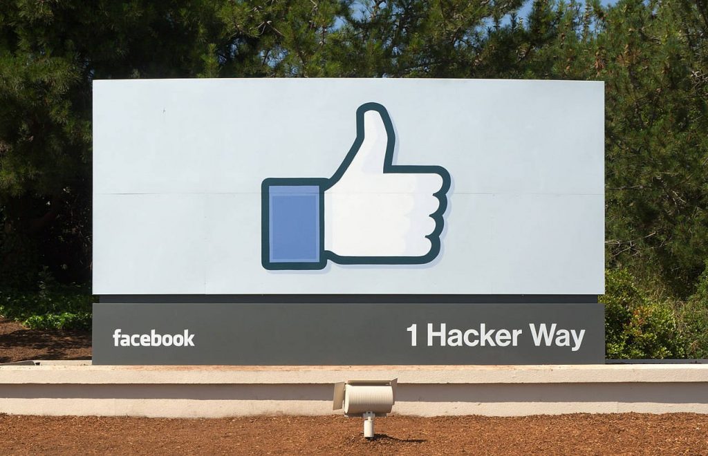 Facebook headquarters entrance sign in Menlo Park.