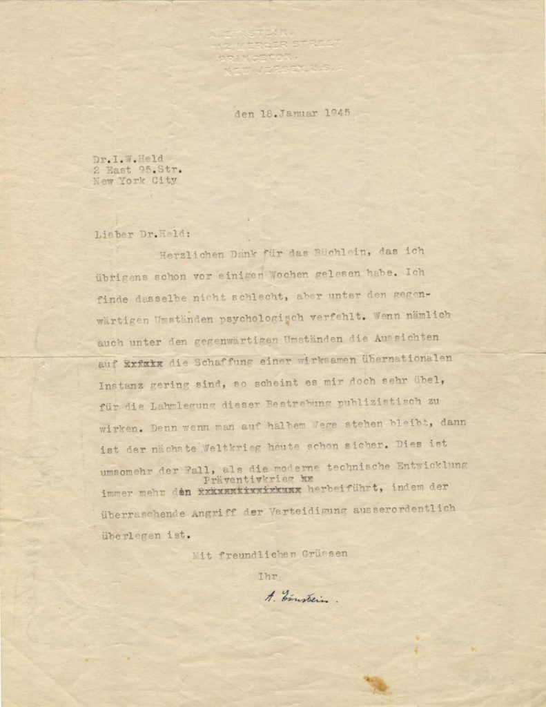 January 18, 1945 letter, Einstein writes a response to Dr Held.