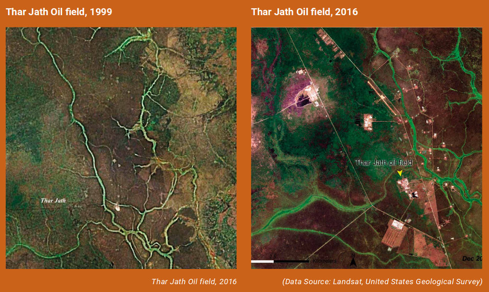 Map of the expansion of the Jath Oil Field between 1999 and 2016. Photo by: South Sudan First State of Environment and Outlook Report 2018 (UNEP).