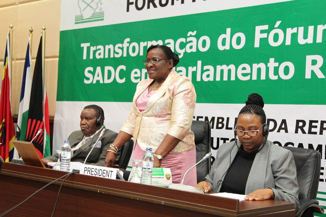 The Speaker of the National Assembly of Mozambique, Hon. Veronica Nataniel Macamo Dlhovo (standing) speaks after being elected unopposed as President of SADC PF. The Speaker of the National Assembly of Eswatini, Hon Petros Mavimbela was also elected unopposed. Vice President of SADC PF (left) and Acting Secretary General of the SADC PF listen in during the 44th Plenary Assembly Session in Maputo, Mozambique. Photo: Moses Magadza/SADC PF