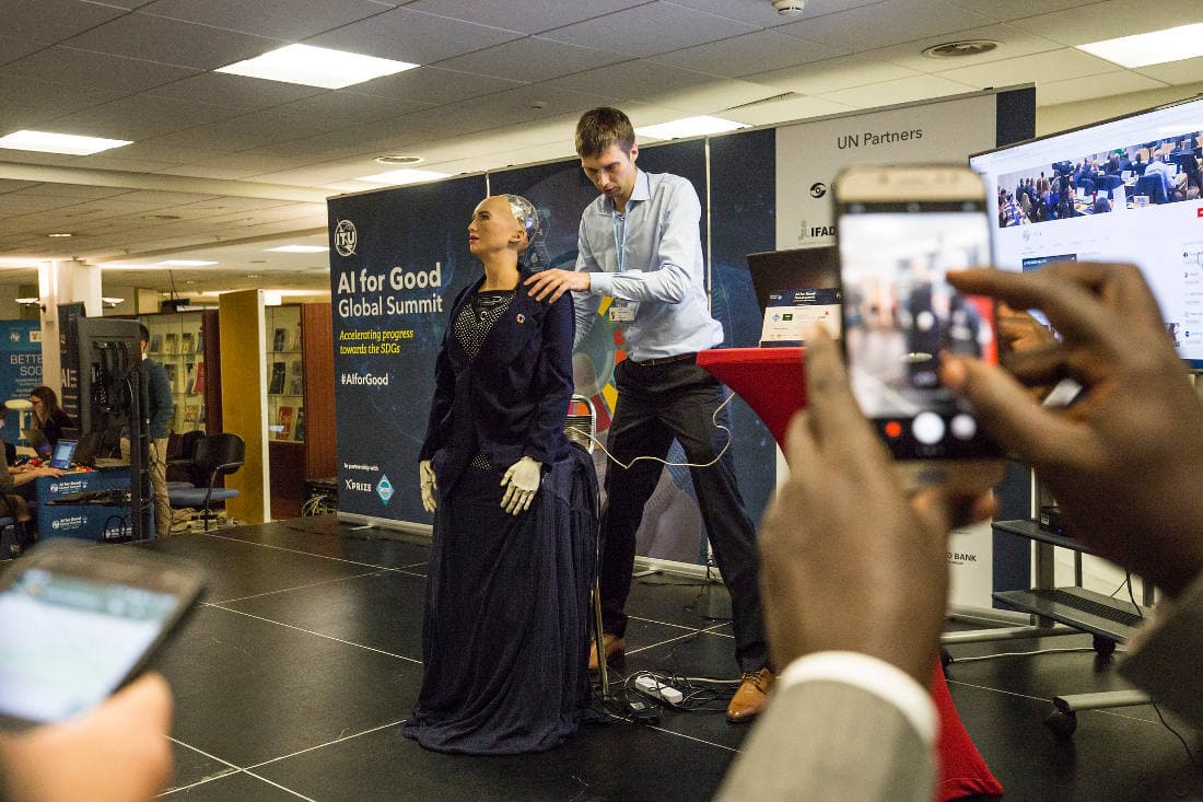 Sophia, Hanson Robotics Ltd. speaking at the AI for GOOD Global Summit, ITU, Geneva, Switzerland, 7 - 9 June, 2017. Photo by: ITU/R.Farrell