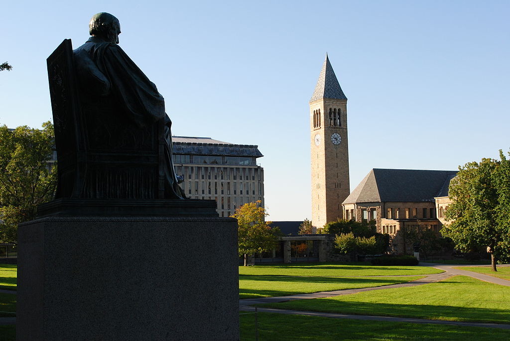 U.S. Cornell University. Arts Quad at Cornell University, with McGraw Tower in background. Photo by: Eustress.