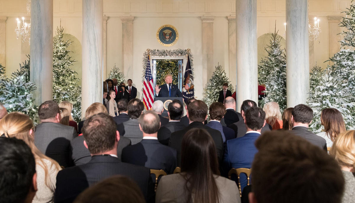 President Donald J. Trump announcing that Republicans in the U.S. House and Senate have agreed on a deal on Tax Reform legislation. Grand Foyer at the White House on December 13, 2017, in Washington, D.C.. Photo by: Official White House Photo by Stephanie Chasez. (Creative Commons Attribution 3.0 License)