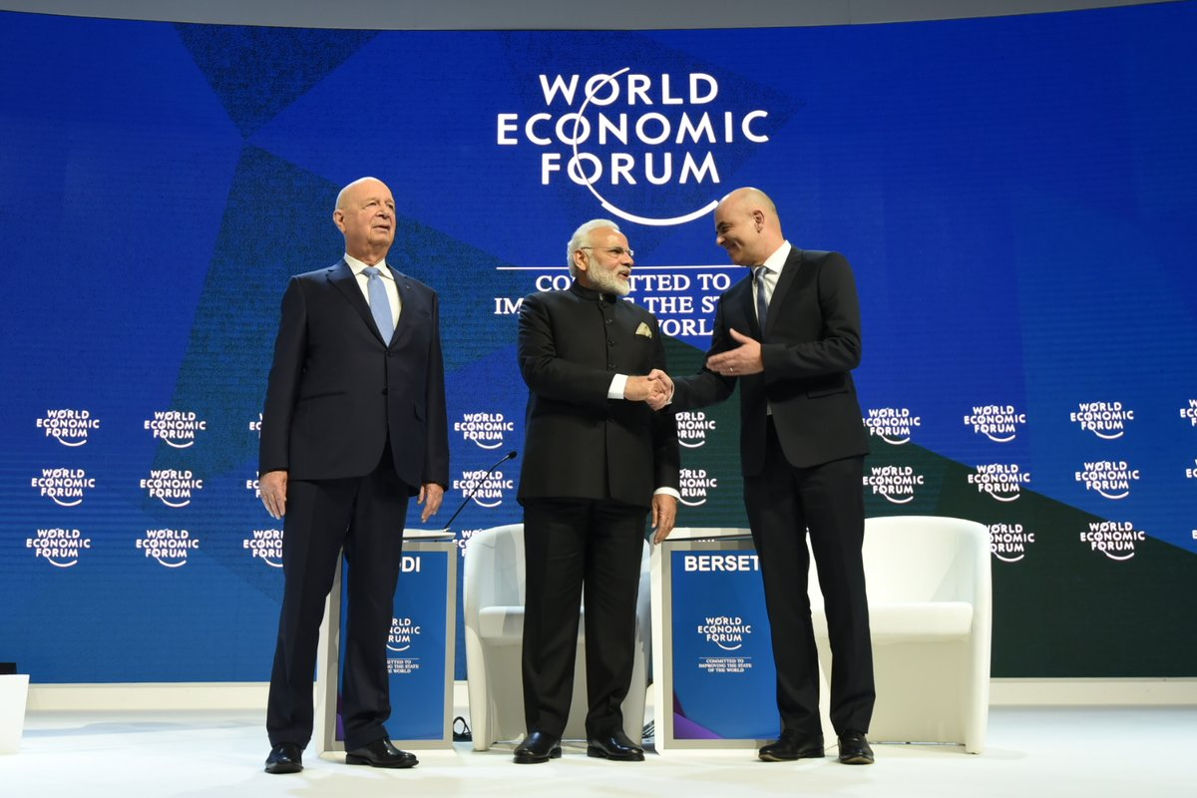World Economic Forum in Davos. From left to right: Klaus Schwab (Founder and Executive Chairman of the World Economic Forum), India's Prime Minister Narendra Modi, and Alain Berset (President of the Swiss Confederation 2018 and Federal Council of Home Affairs of Switzerland. Photo by: Narendra Modi's tweet.