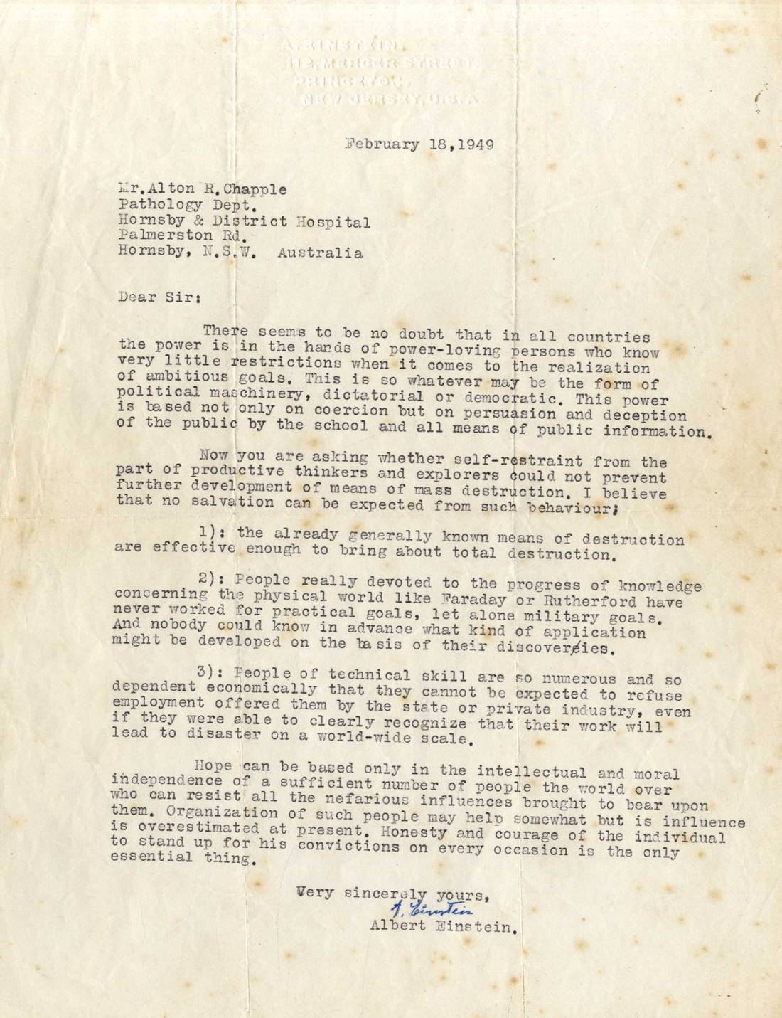 18 February 1949 letter. Einstein reply to Dr Alton R. Chapple.