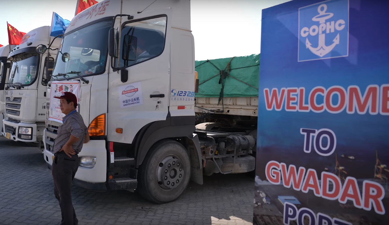 Transportation trucks outside the Gwadar Port.