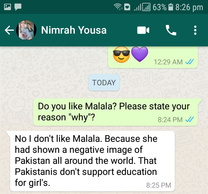 Nimrah's comment about Malala. Photo by: Andleeb Shah.