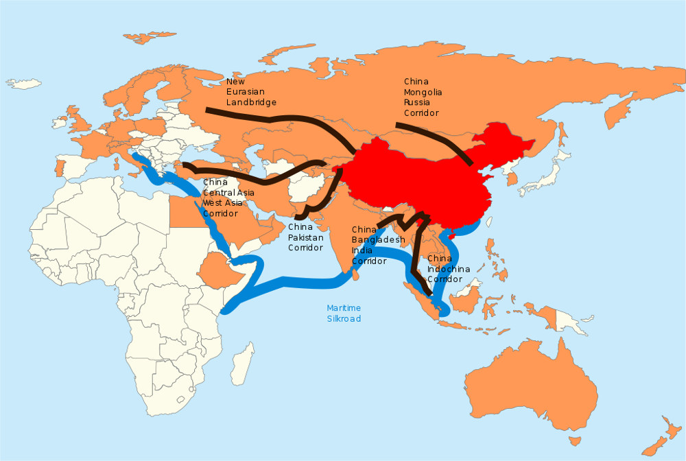 China in Red, the members of the Asian Infrastructure Investment Bank in orange. The 6 proposed corridors. Photo by: Lommes.
