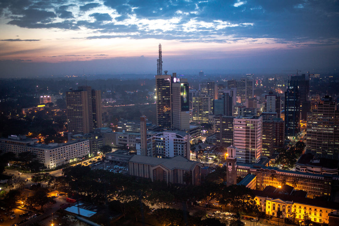 Nairobi, Kenya, skyline after sunset. Taken from the top of the Kenyatta International Conference Centre (KICC). Photo by: Stuart Price.