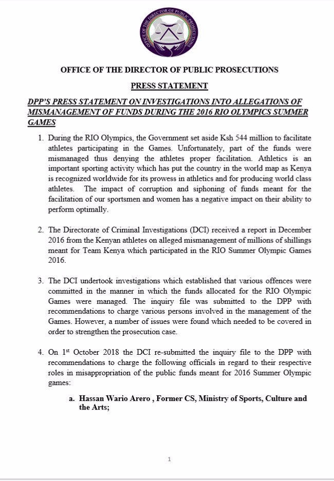 Office of the director of public prosecutions press release regarding the Rio Olympics mismanagement of funds.