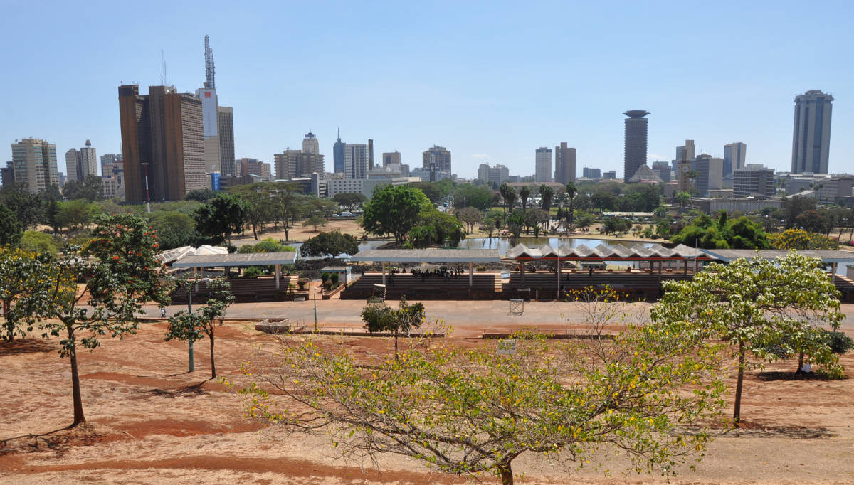Nairobi's skyline from Uhuru Park, next to the central business district of Nairobi, Kenya. Photo by Jorge Láscar.