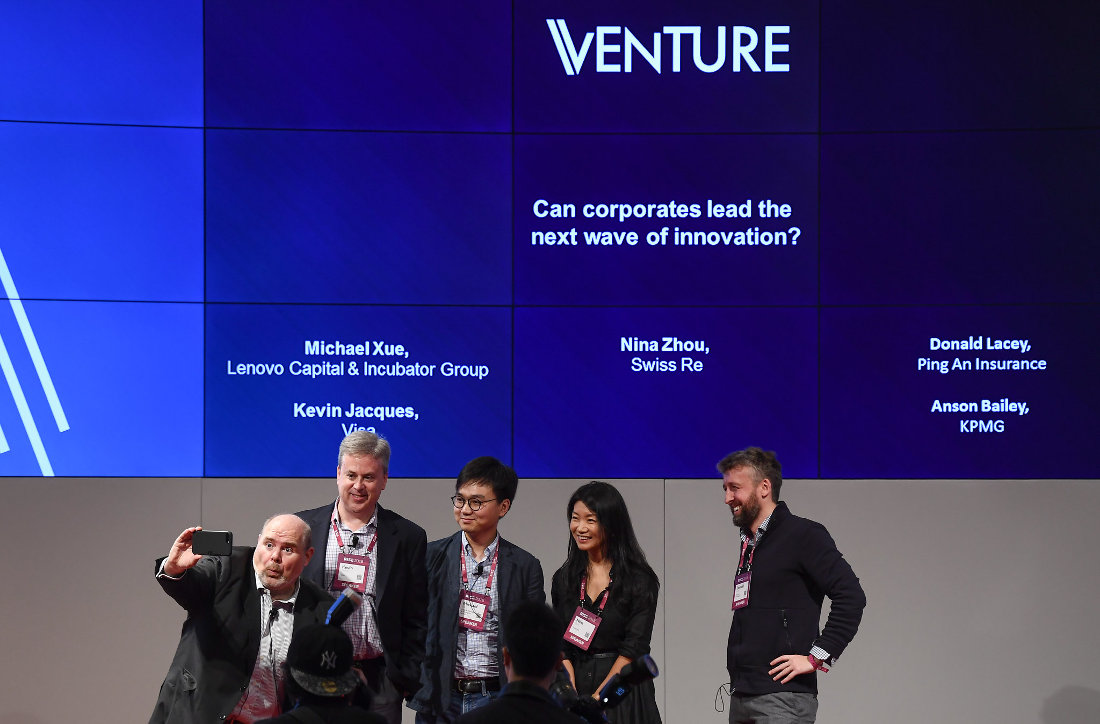 9 July 2018; Speakers, from left, Anson Bailey, KPMG, Kevin Jacques, Visa, Michael Xue, Lenovo Capital & Incubator Group, Nina Zhou, Swiss Re, and Donald Lacey, Ping An Insurance, take a selfie during Venture prior to the start of RISE 2018 at HKEx in Hong Kong. Photo by Stephen McCarthy / RISE via Sportsfile