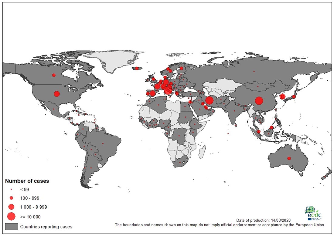 Geographic distribution of COVID-19 cases worldwide (Photo credit: European Center for Disease Prevention and Control)